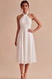 White A-Line Halter Ruched Midi Beach Wedding Dress with Lace