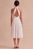 White A-Line Halter Ruched Midi Beach Wedding Dress with Lace