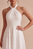 White A-Line Halter Ruched Midi Beach Wedding Dress with Lace