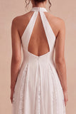 White A-Line Halter Ruched Midi Beach Wedding Dress with Lace