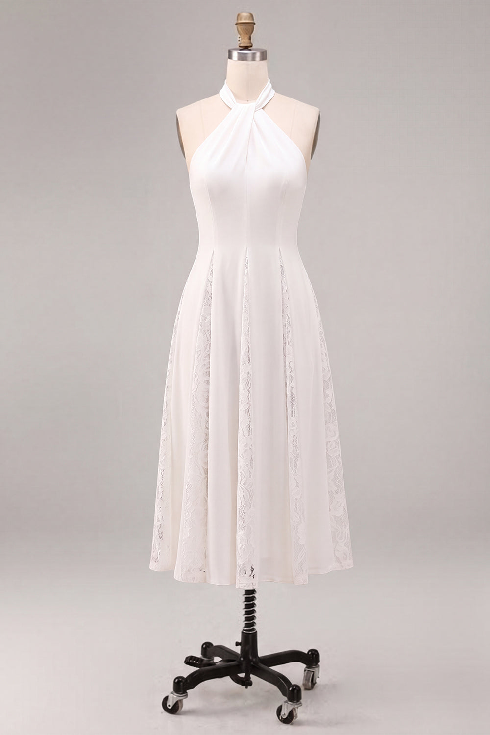 White A-Line Halter Ruched Midi Beach Wedding Dress with Lace