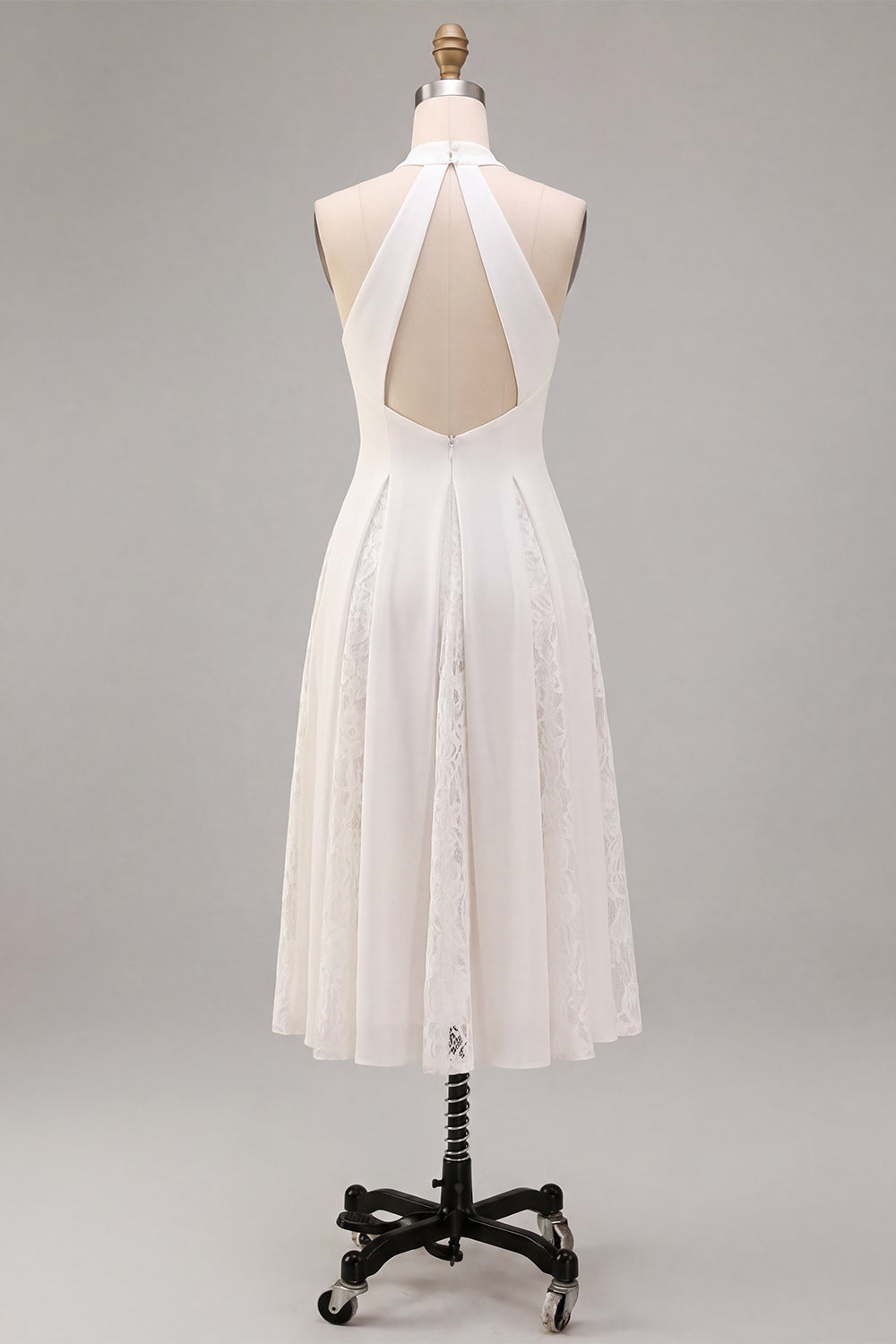 White A-Line Halter Ruched Midi Beach Wedding Dress with Lace