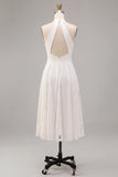 White A-Line Halter Ruched Midi Beach Wedding Dress with Lace