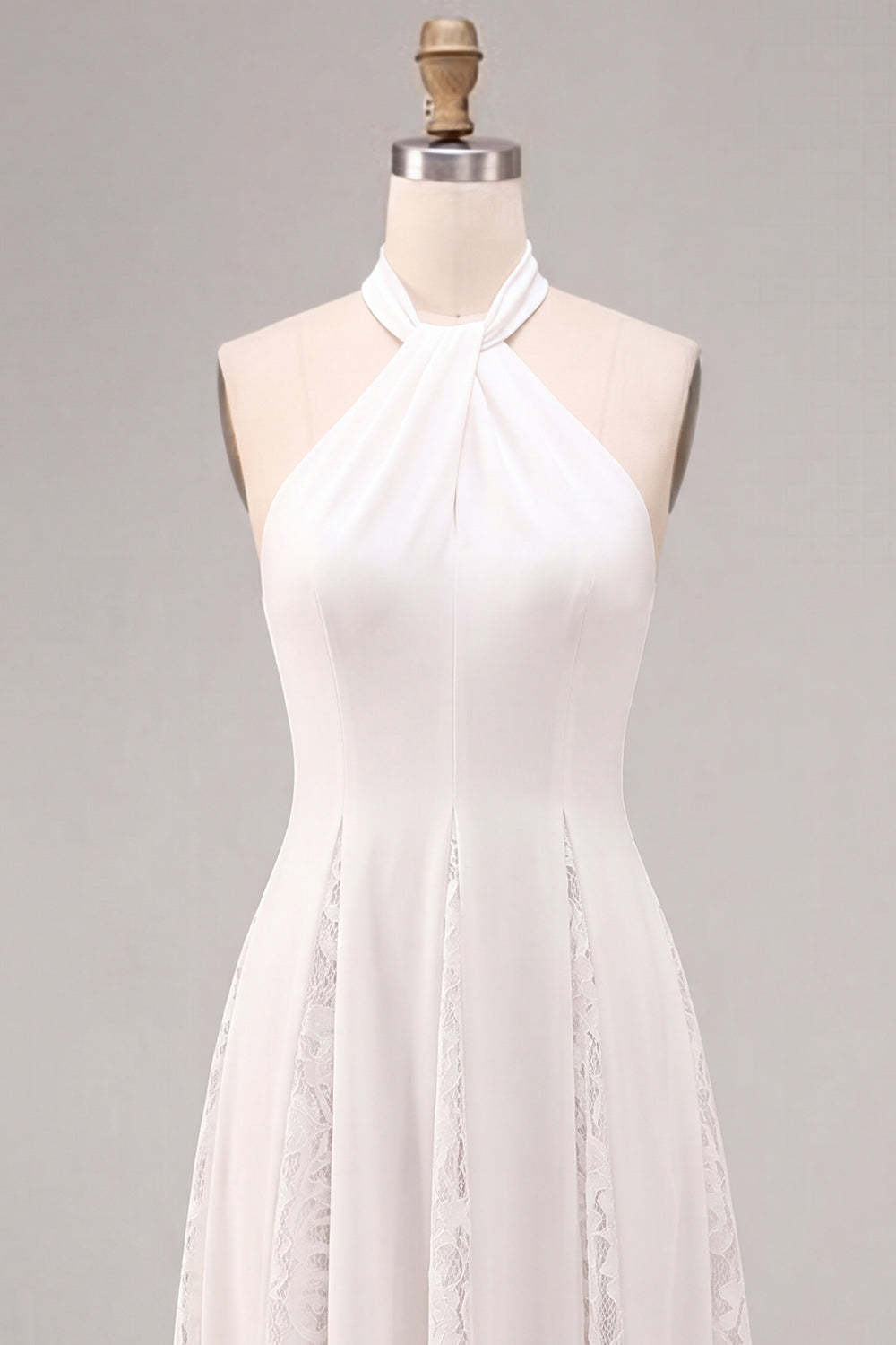 White A-Line Halter Ruched Midi Beach Wedding Dress with Lace