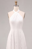 White A-Line Halter Ruched Midi Beach Wedding Dress with Lace