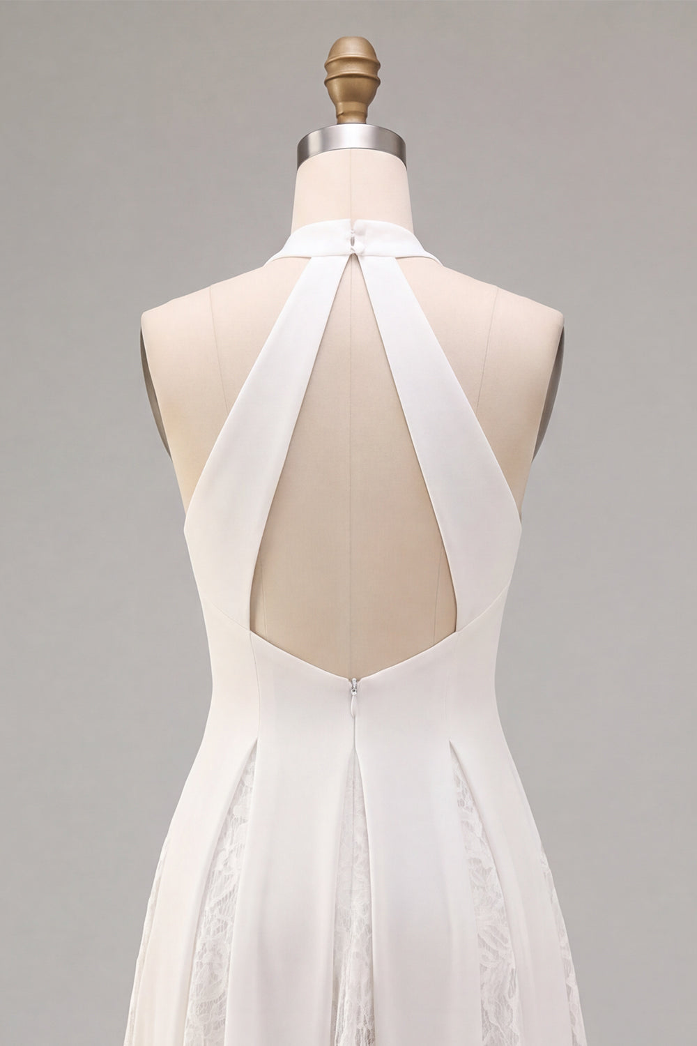 White A-Line Halter Ruched Midi Beach Wedding Dress with Lace