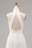 White A-Line Halter Ruched Midi Beach Wedding Dress with Lace