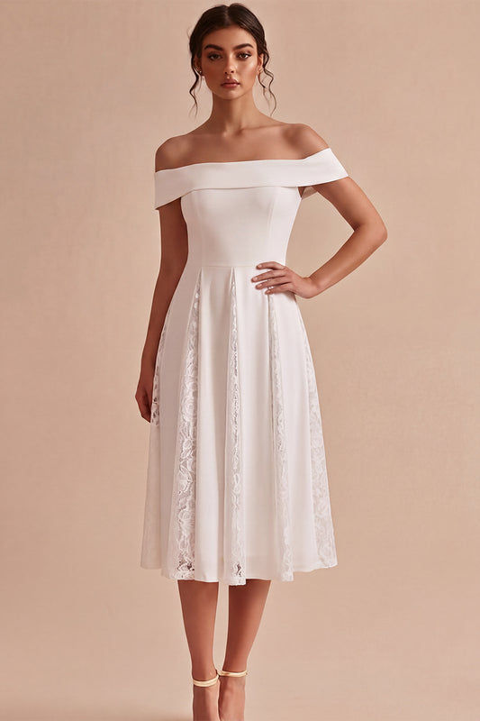 White A-Line Off the Shoulder Ruched Midi Beach Engagement Dress with Lace