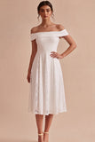 White A-Line Off the Shoulder Ruched Midi Beach Wedding Dress with Lace