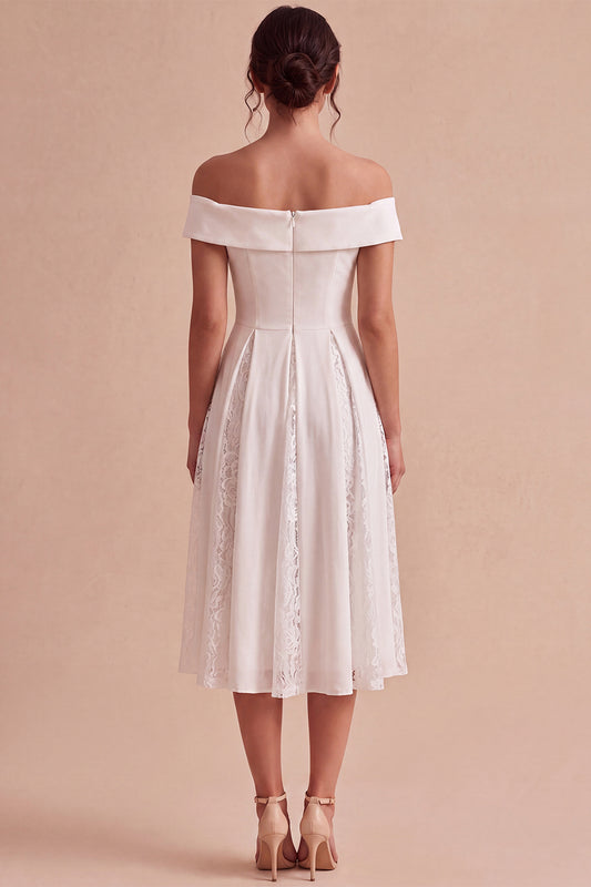 White A-Line Off the Shoulder Ruched Midi Beach Engagement Dress with Lace