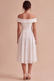 White A-Line Off the Shoulder Ruched Midi Beach Wedding Dress with Lace