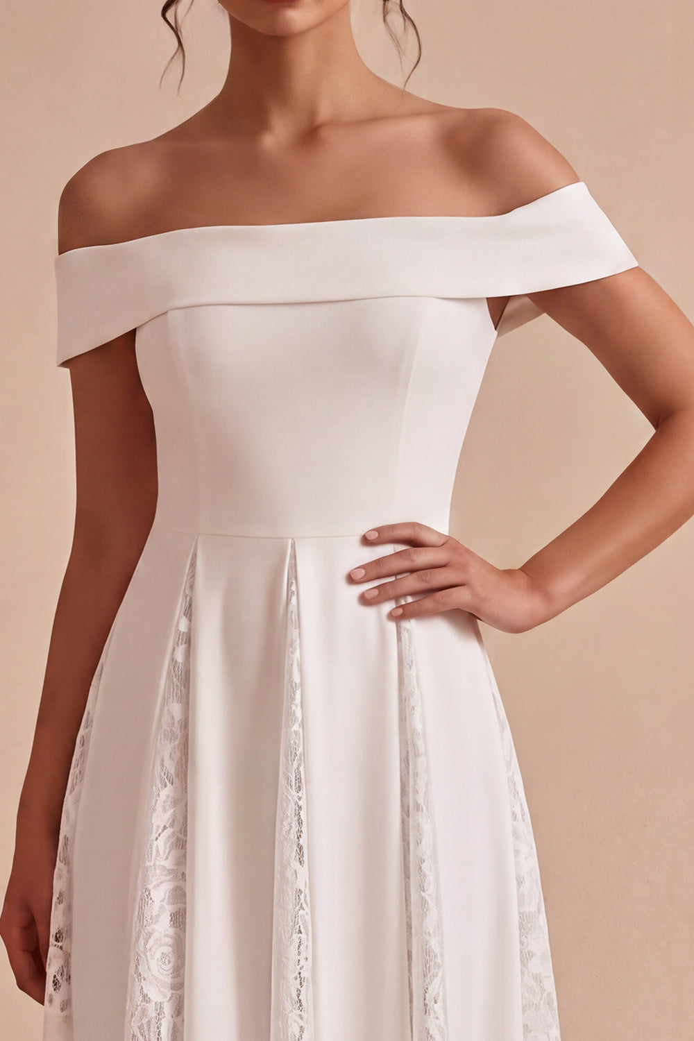 White A-Line Off the Shoulder Ruched Midi Beach Wedding Dress with Lace