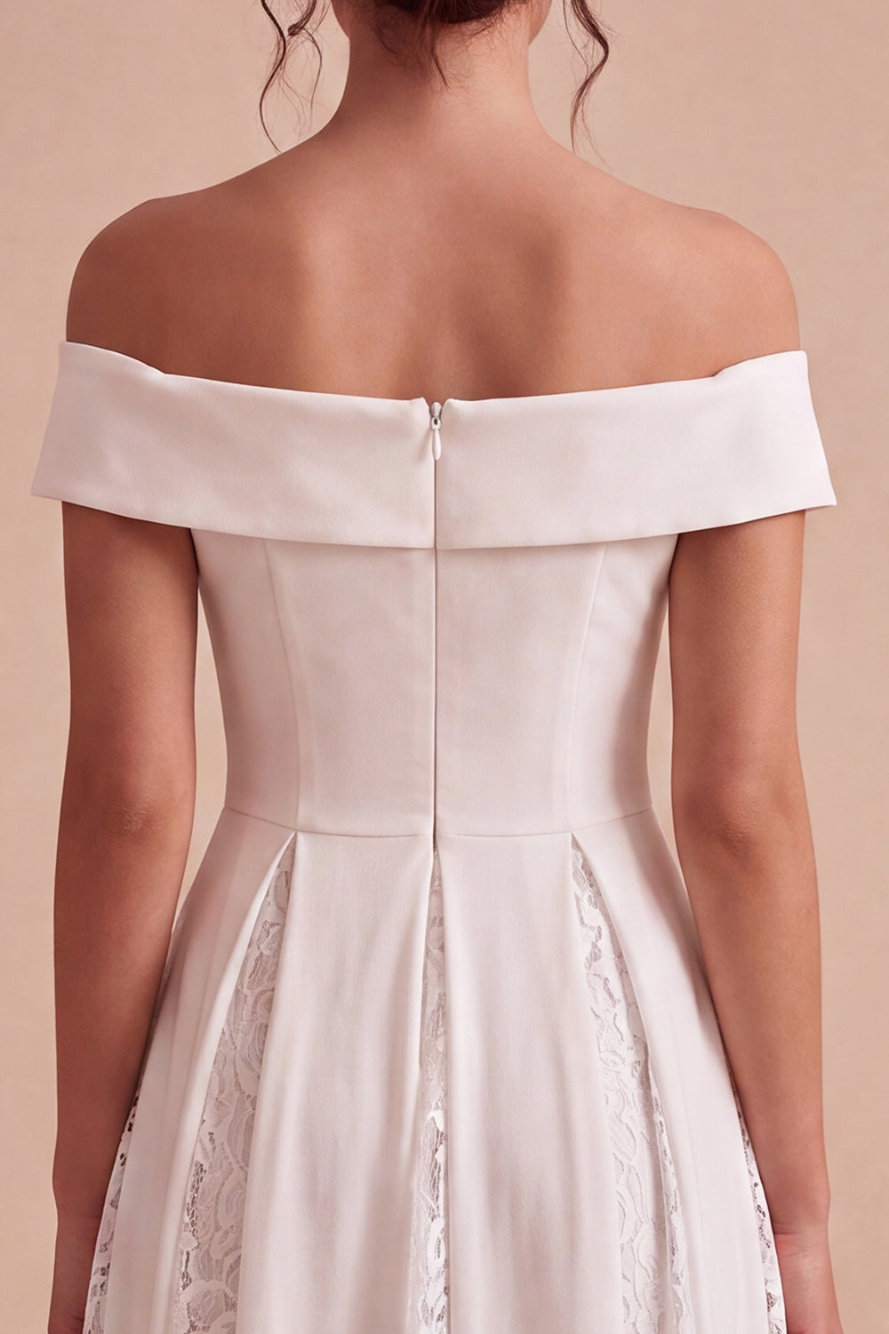 White A-Line Off the Shoulder Ruched Midi Beach Wedding Dress with Lace