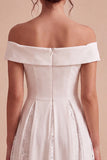 White A-Line Off the Shoulder Ruched Midi Beach Wedding Dress with Lace