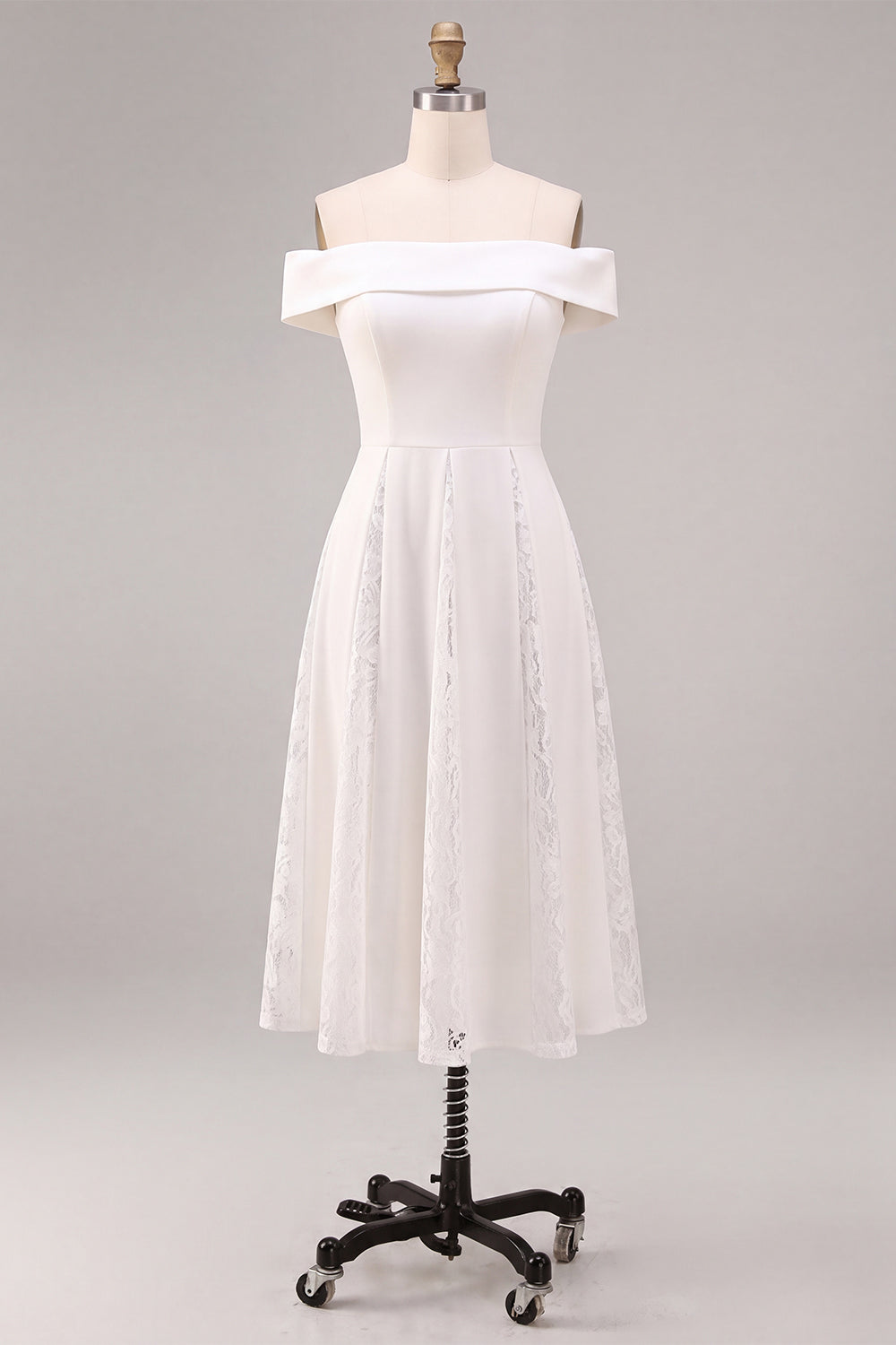 White A-Line Off the Shoulder Ruched Midi Beach Wedding Dress with Lace