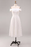 White A-Line Off the Shoulder Ruched Midi Beach Wedding Dress with Lace