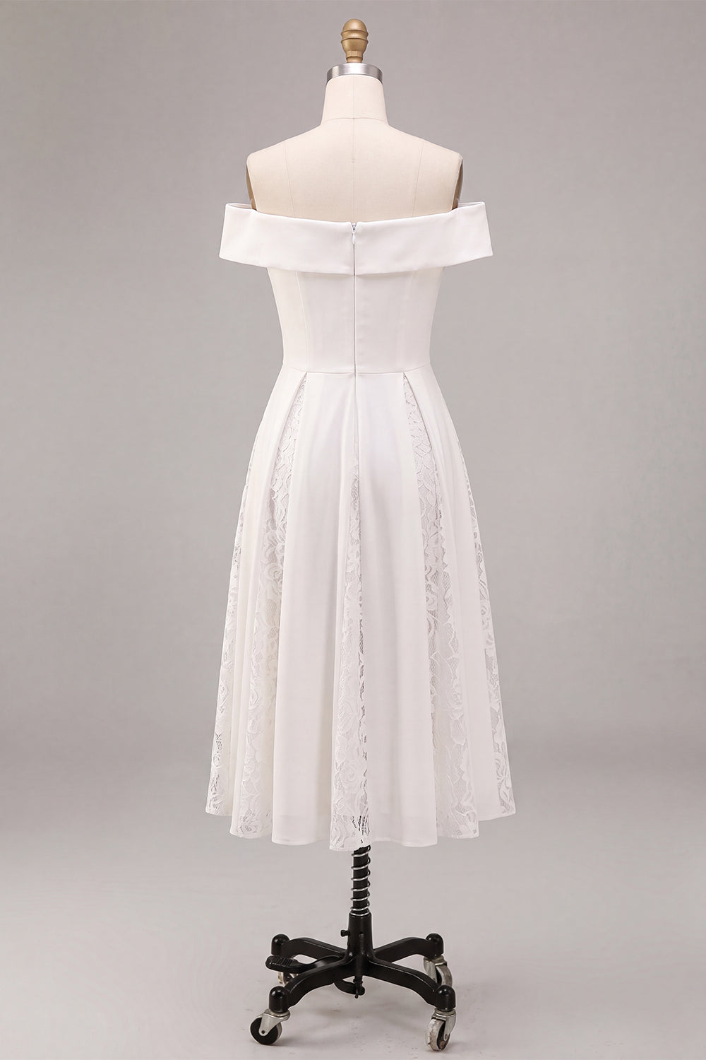 White A-Line Off the Shoulder Ruched Midi Beach Wedding Dress with Lace