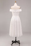 White A-Line Off the Shoulder Ruched Midi Beach Wedding Dress with Lace