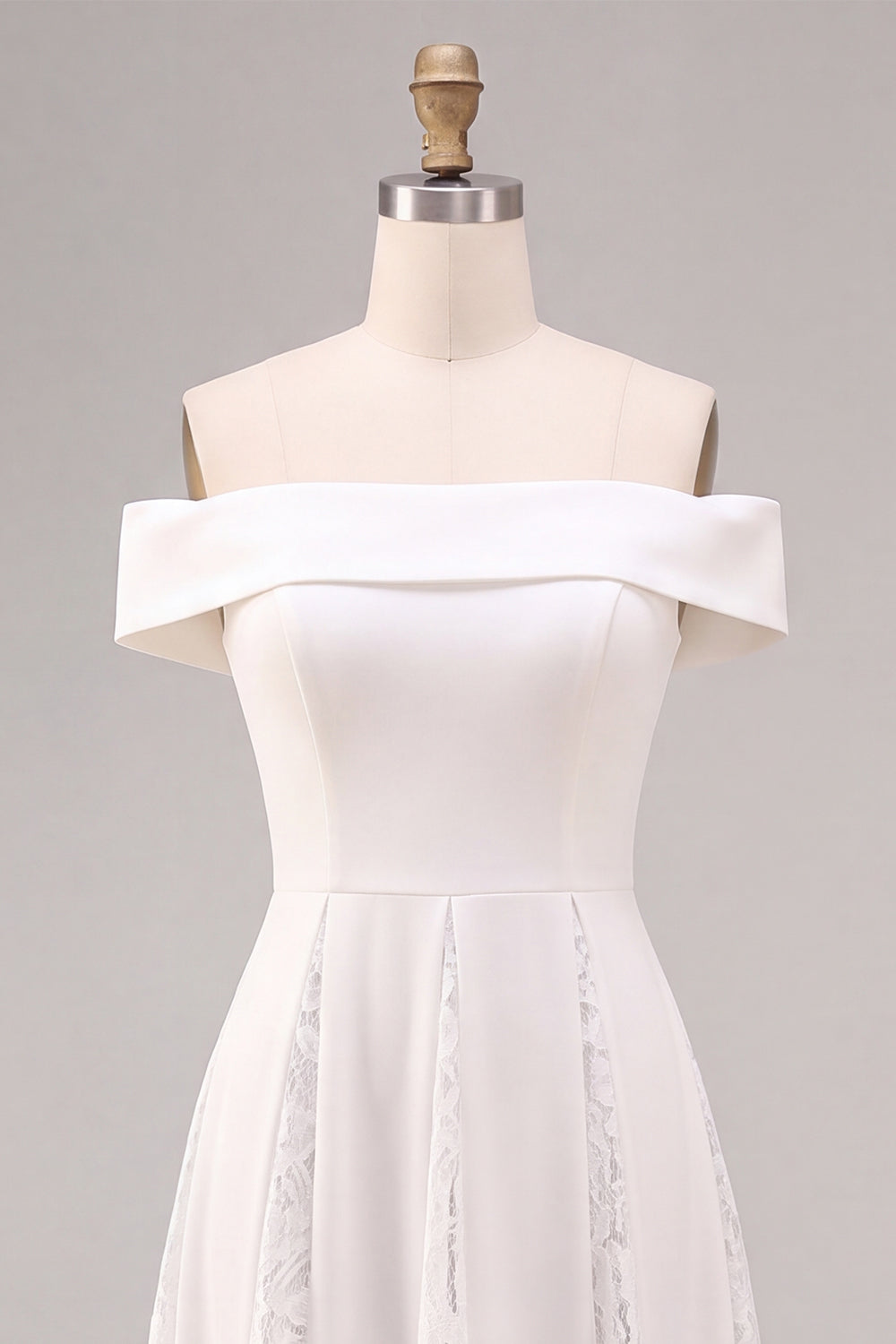 White A-Line Off the Shoulder Ruched Midi Beach Wedding Dress with Lace