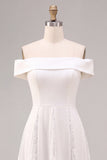 White A-Line Off the Shoulder Ruched Midi Beach Wedding Dress with Lace