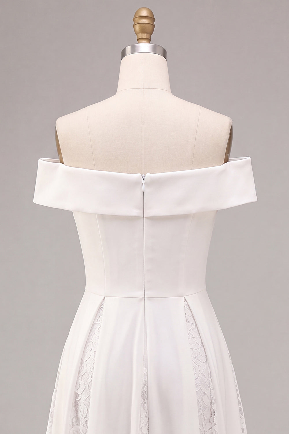 White A-Line Off the Shoulder Ruched Midi Beach Wedding Dress with Lace