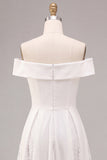 White A-Line Off the Shoulder Ruched Midi Beach Wedding Dress with Lace