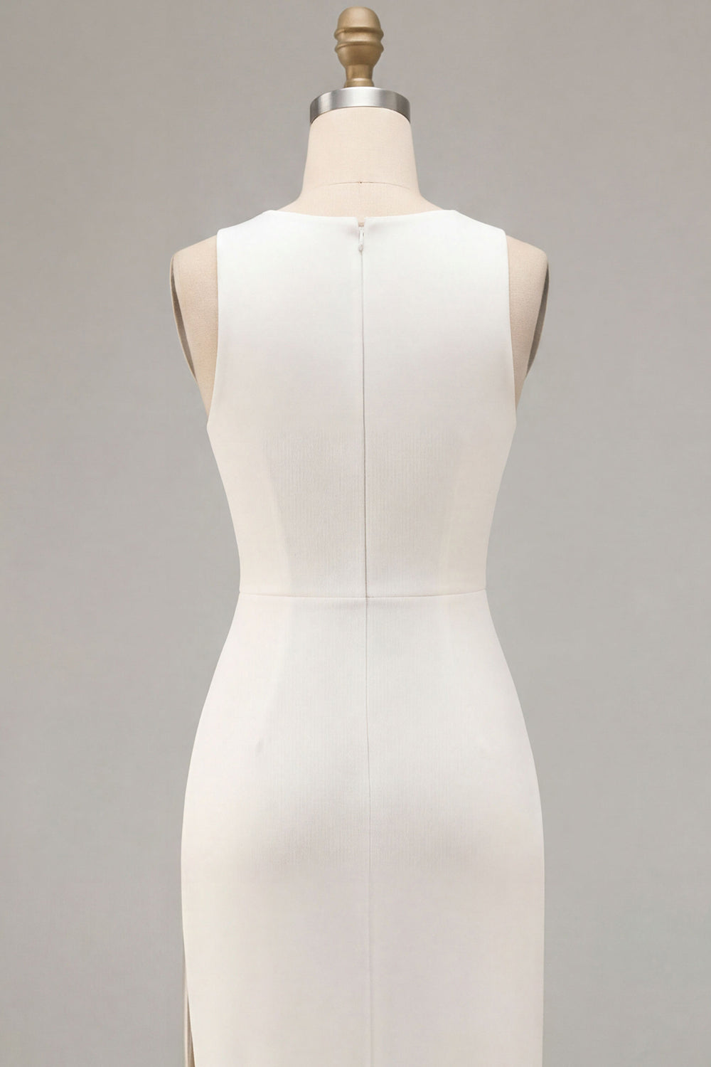 White Satin Sheath Round Neck Long Wedding Dress with Slit