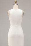 White Satin Sheath Round Neck Long Wedding Dress with Slit
