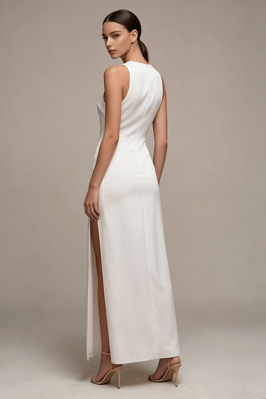 White Satin Sheath Round Neck Long Engagement Dress with Slit