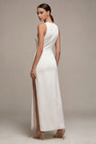 White Satin Sheath Round Neck Long Wedding Dress with Slit
