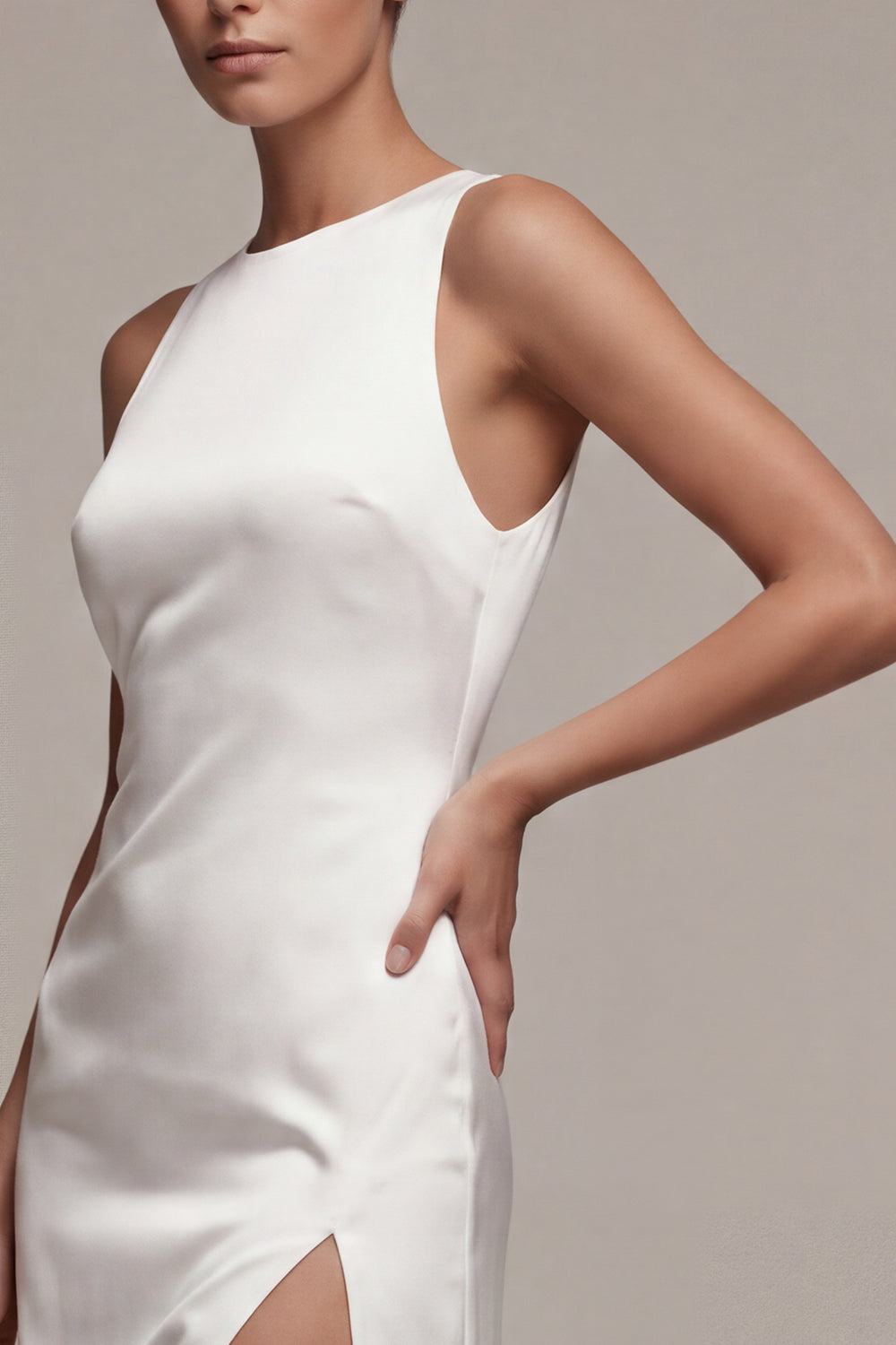 White Satin Sheath Round Neck Long Wedding Dress with Slit