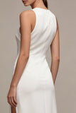 White Satin Sheath Round Neck Long Wedding Dress with Slit