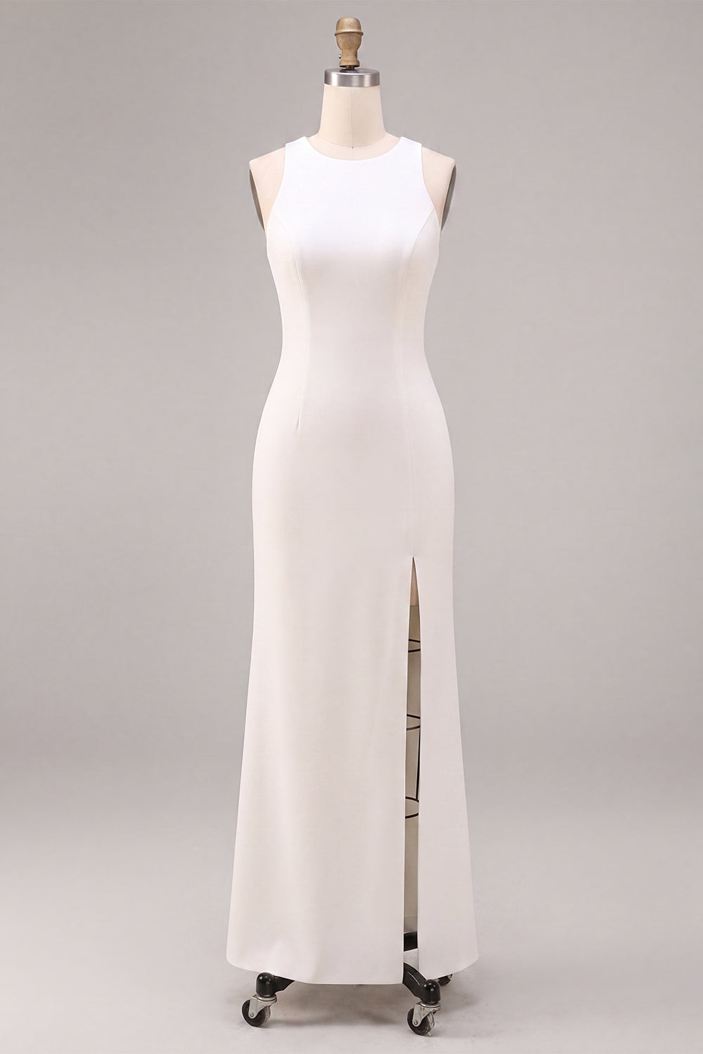 White Satin Sheath Round Neck Long Wedding Dress with Slit