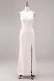 White Satin Sheath Round Neck Long Wedding Dress with Slit