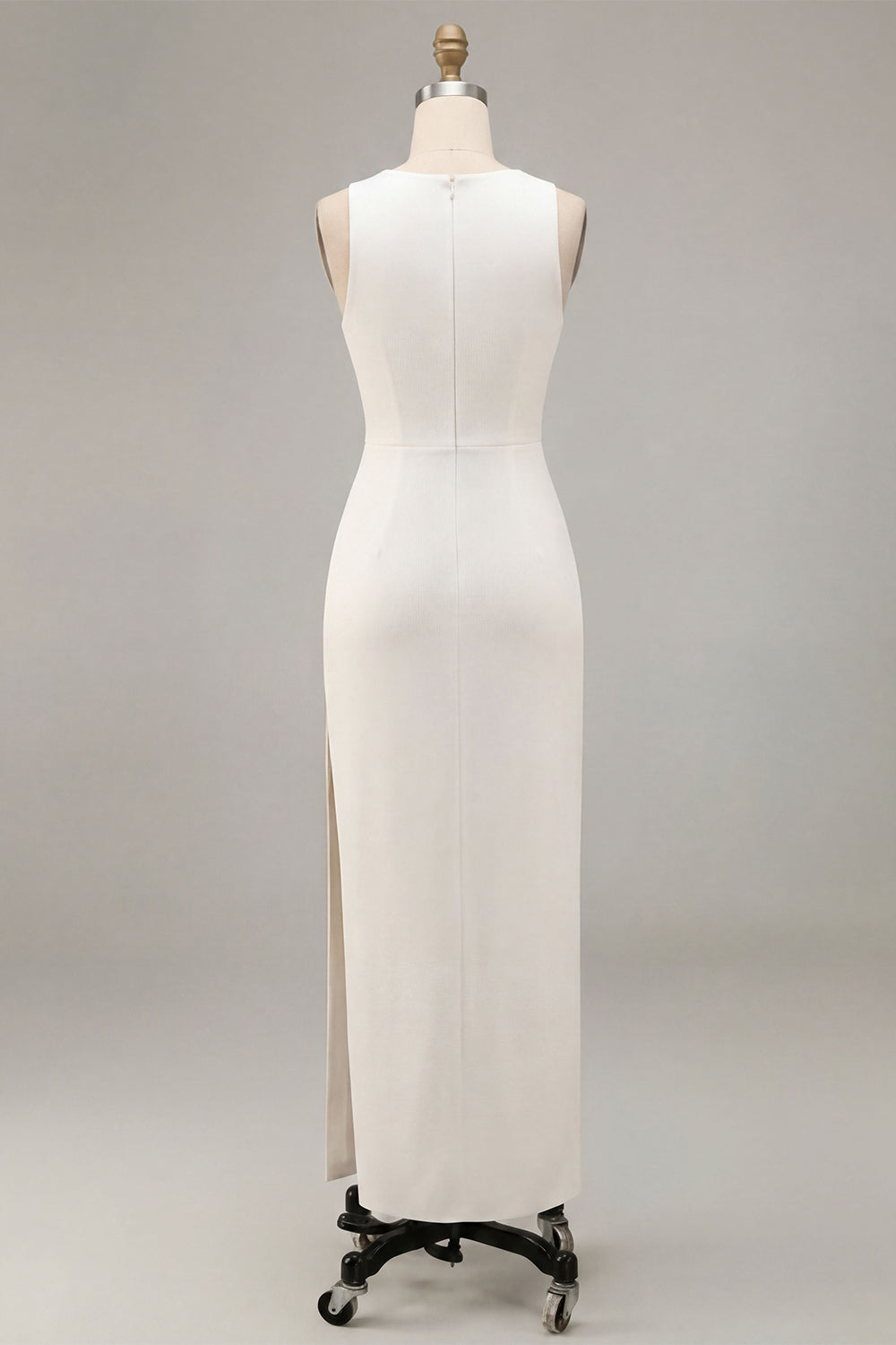 White Satin Sheath Round Neck Long Wedding Dress with Slit