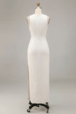 White Satin Sheath Round Neck Long Wedding Dress with Slit