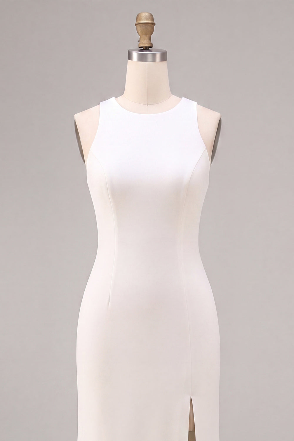 White Satin Sheath Round Neck Long Wedding Dress with Slit