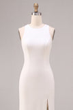 White Satin Sheath Round Neck Long Wedding Dress with Slit