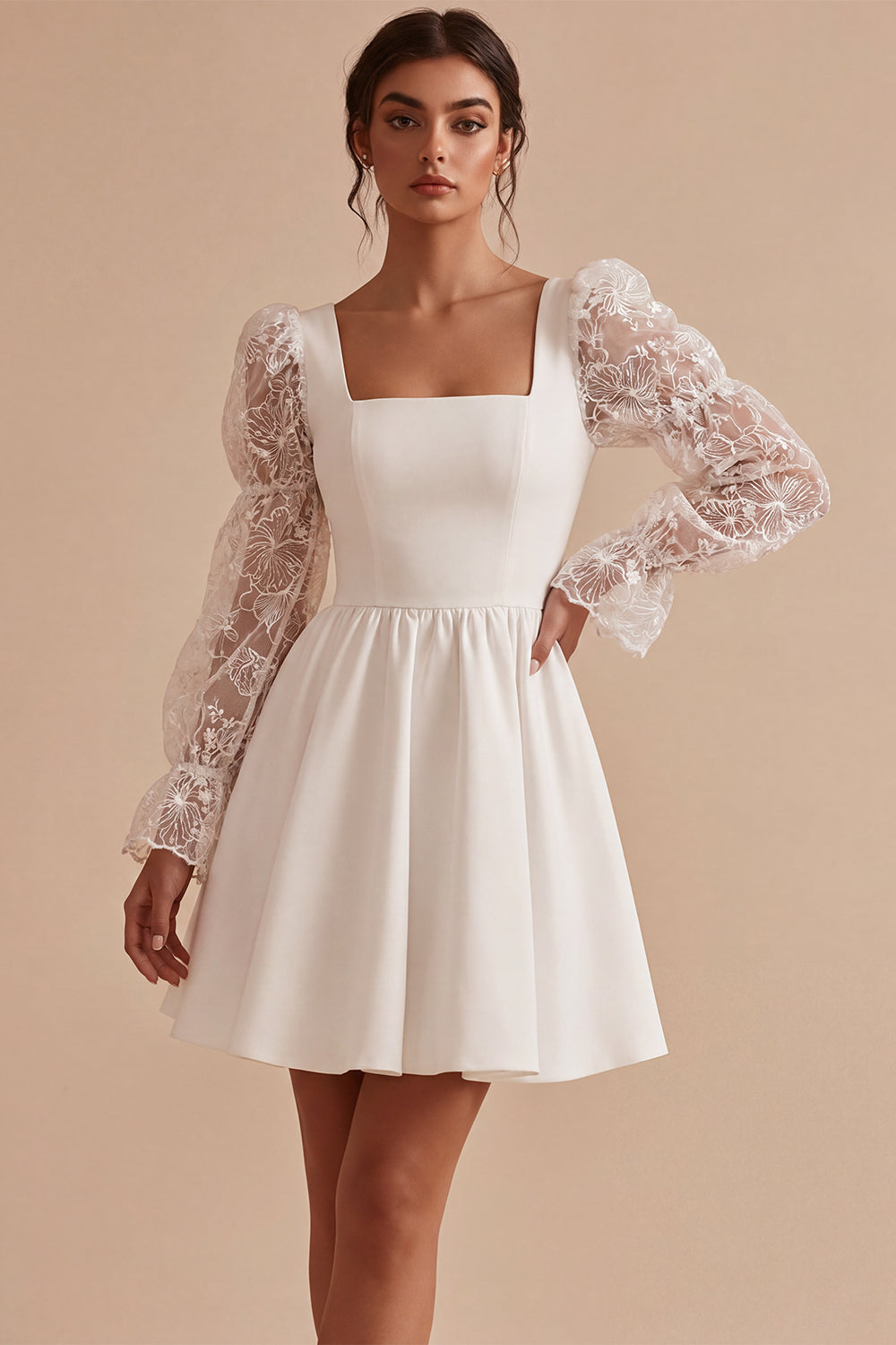 White A-Line Square Neck Puff Sleeves Short Wedding Dress with Lace