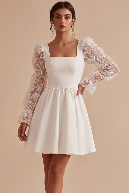 White A-Line Square Neck Lace Puff Sleeves Short Graduation Dress