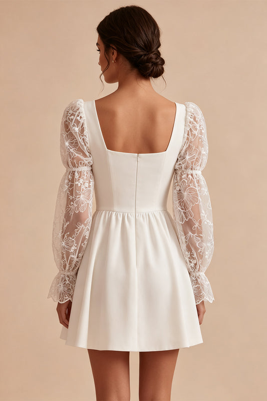 White A-Line Square Neck Lace Puff Sleeves Short Graduation Dress