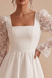 White A-Line Square Neck Puff Sleeves Short Wedding Dress with Lace