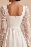 White A-Line Square Neck Puff Sleeves Short Wedding Dress with Lace