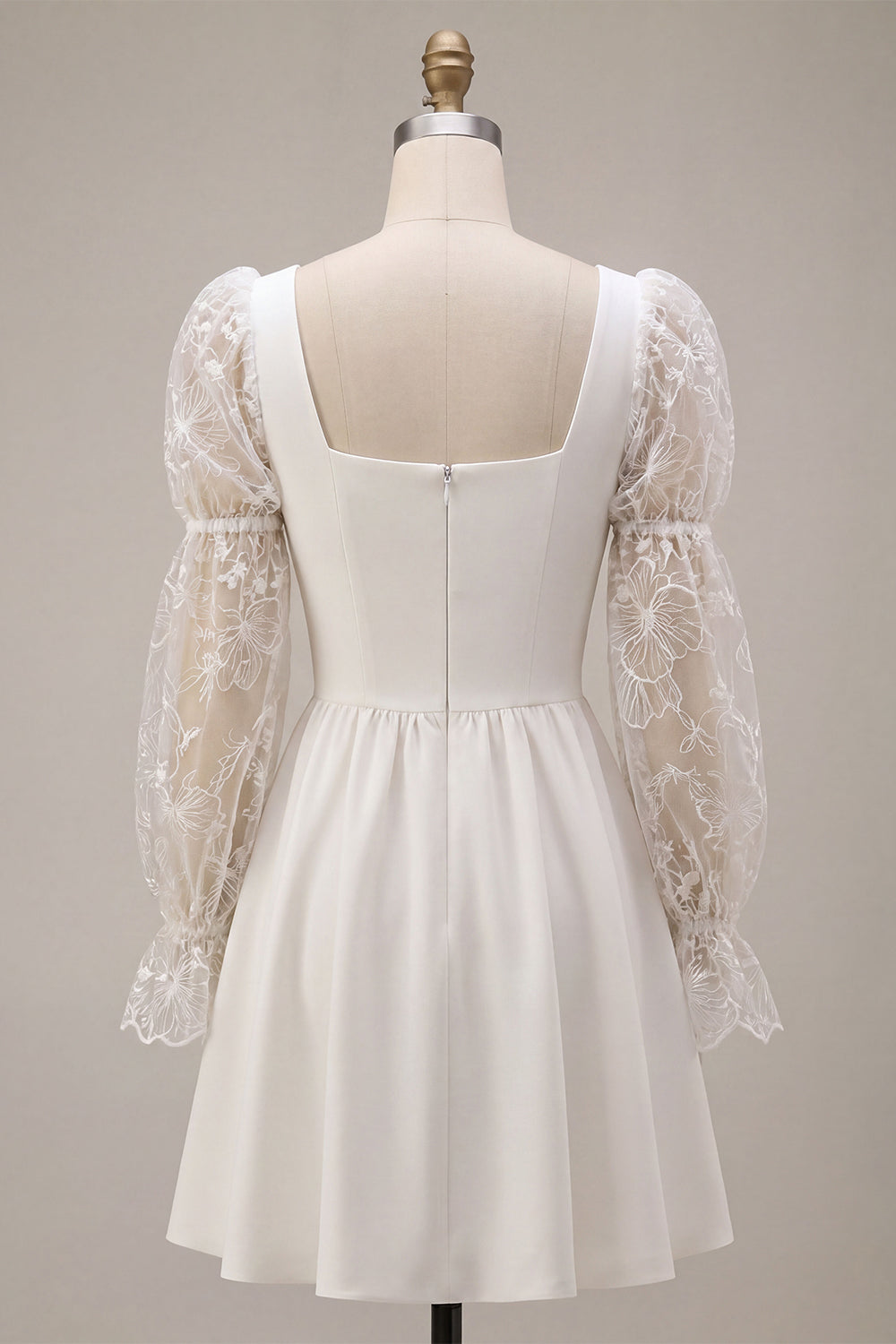 White A-Line Square Neck Puff Sleeves Short Wedding Dress with Lace