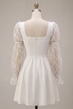 White A-Line Square Neck Puff Sleeves Short Wedding Dress with Lace
