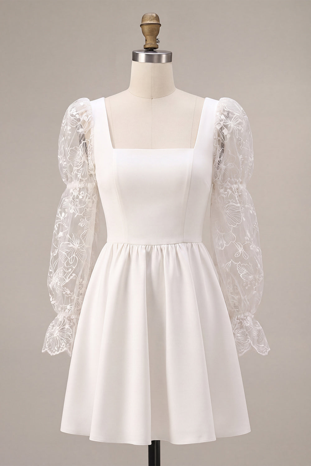 White A-Line Square Neck Puff Sleeves Short Wedding Dress with Lace