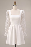 White A-Line Square Neck Puff Sleeves Short Wedding Dress with Lace