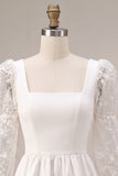 White A-Line Square Neck Puff Sleeves Short Wedding Dress with Lace