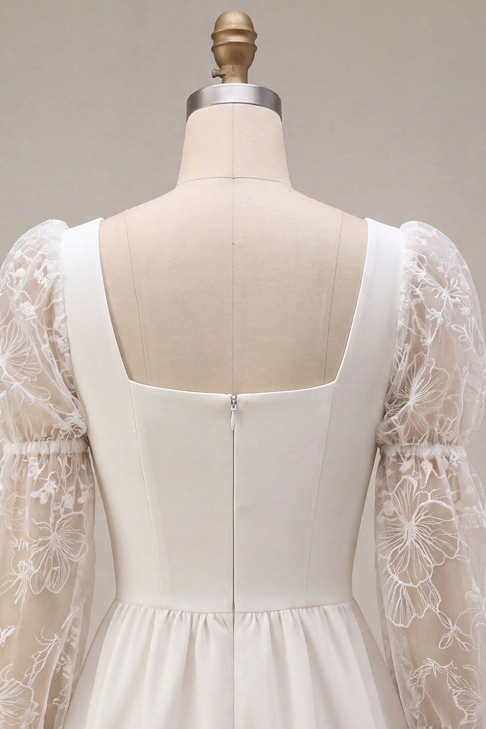 White A-Line Square Neck Puff Sleeves Short Wedding Dress with Lace