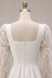 White A-Line Square Neck Puff Sleeves Short Wedding Dress with Lace